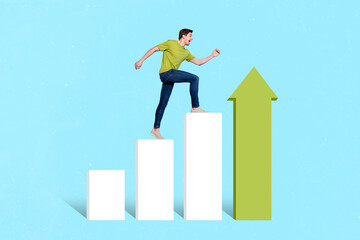 Creative photo artwork collage guy rising success white green graphics ladder isolated blue color...