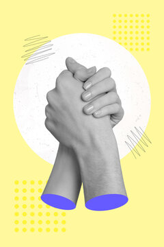 Vertical view collage picture image of two hands shaking holding together isolated over yellow color background