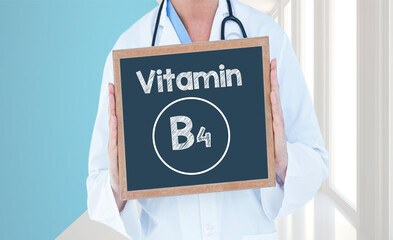 Vitamin B4 - Doctor shows information on blackboard.Doctor holding chalkboard with text.