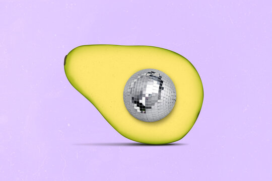 Composite picture of half avocado discoball inside isolated on drawing purple violet background