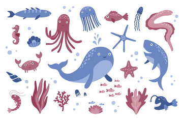 Vector set of isolated underwater animals and plants. Hand drawn design. Cute children illustration.
