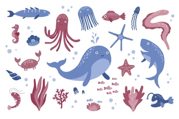 Abwaschbare Fototapete Meeresleben Vektorsatz isolierter Unterwassertiere und -pflanzen. Handgezeichnetes Design. Nette Kinderillustration.