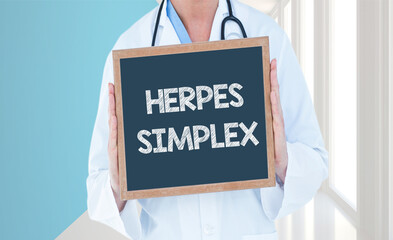 Herpes simplex - Doctor shows information on blackboard.Doctor holding chalkboard with text. - obrazy, fototapety, plakaty
