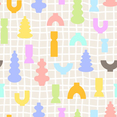 Modern vases vector illustration. Seamless pattern with colored glass bottles and jars. Minimalist background. Trendy print for fabric, wrapping paper, package branding