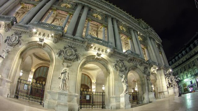 Opera National de Paris in the nighttime. Grand Opera Paris, France timelapse hyperlapse