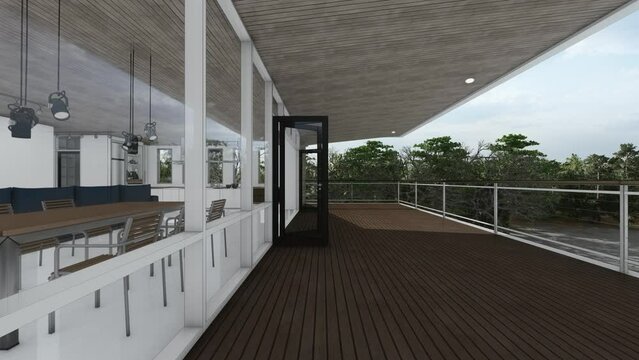 balcony to outdoor living room entrance scene sketch animation 3d illustration