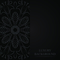 Luxurious decorative mandala design in dark gray on a black background. Banner with place for text