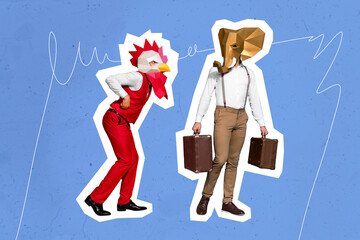 Pop magazine poster of team workers humans chick elephant face tourist travel hold luggage isolated...