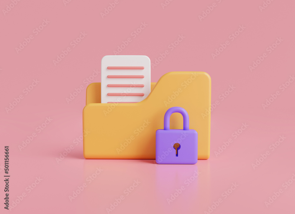 Poster data security concept.folder icon with lock and paper document isolated on pink background.modern pr