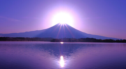 Diamond Mount Fuji from Lake Tanuki in Fujinomiya City 04/25/2022 wide panorama