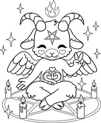 Adorable satanic goat in pentagram. Vector outline for coloring