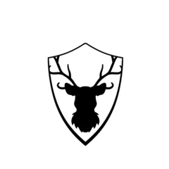 Poster Head of deer on shield. Knight coat of arms with stag. Black silhouette of horned animal. Heraldic symbol © Taras