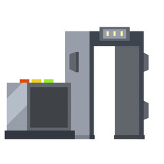 Metal detector. Safety frame. Checking dangerous items. Airport counterterrorism equipment. Modern technological gates and entrance. X-ray interoscope.