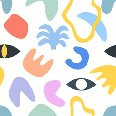 Modern abstract shapes seamless pattern. 90s nostalgic vector background. Hand drawn fluid objects colorful illustration. Trendy print for fabric, paper, stationery