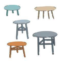 Set of small tables or stools. Stand for domestic plants. Cartoon trendy illustration