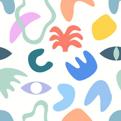 Fototapeta premium Modern abstract shapes seamless pattern. 90s nostalgic vector background. Hand drawn fluid objects colorful illustration. Trendy print for fabric, paper, stationery