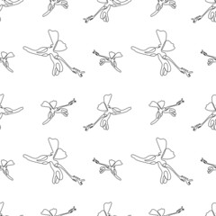 Seamless pattern with one single line drawings of hibiscus flowers. Black line on whte background.