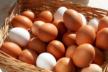 Basket with eggs. White and brown eggs in a wicker basket. Simple composition. Day light. Close up.