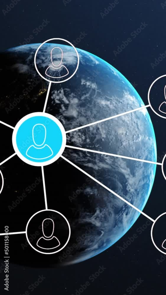 Poster animation of network of connections with people icons over globe