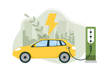 Electric car near charging station. Renewable energy concept. Vector illustration.