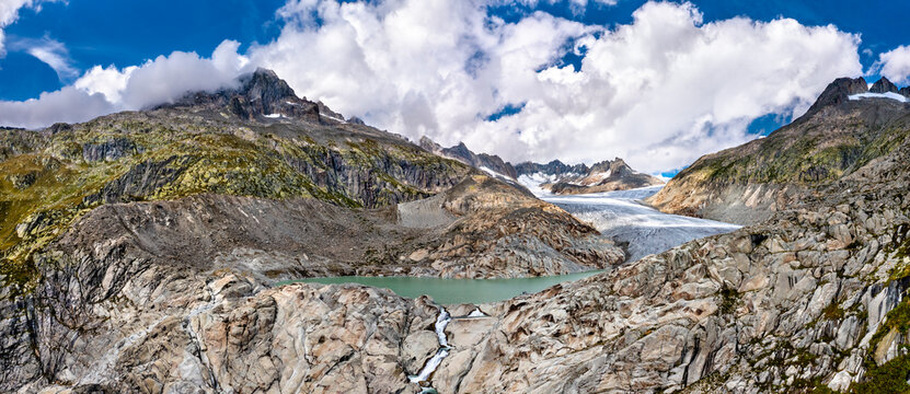 The Rhone Glacier, the source of the Rhone River at Furka Pass in the Swiss Alps
