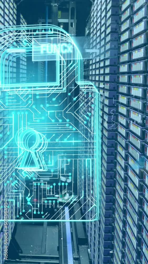 Poster animation of padlock icon and data processing over server room