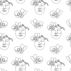 Seamless pattern with one single line drawings of female face and orchid flowers. Black line on white background