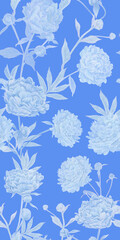 seamless pattern with delicate light airy blue lush peonies. Loved by all flowers of peonies in a new reading in heavenly gentle pastel tones. Beautiful elegant design for fabric