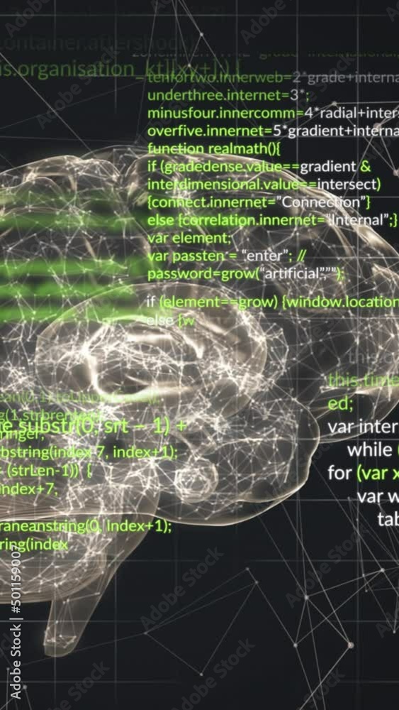 Poster animation of digital brain and data processing on black background