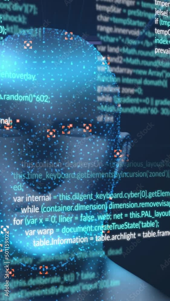 Poster animation of digital head and data processing on blue background