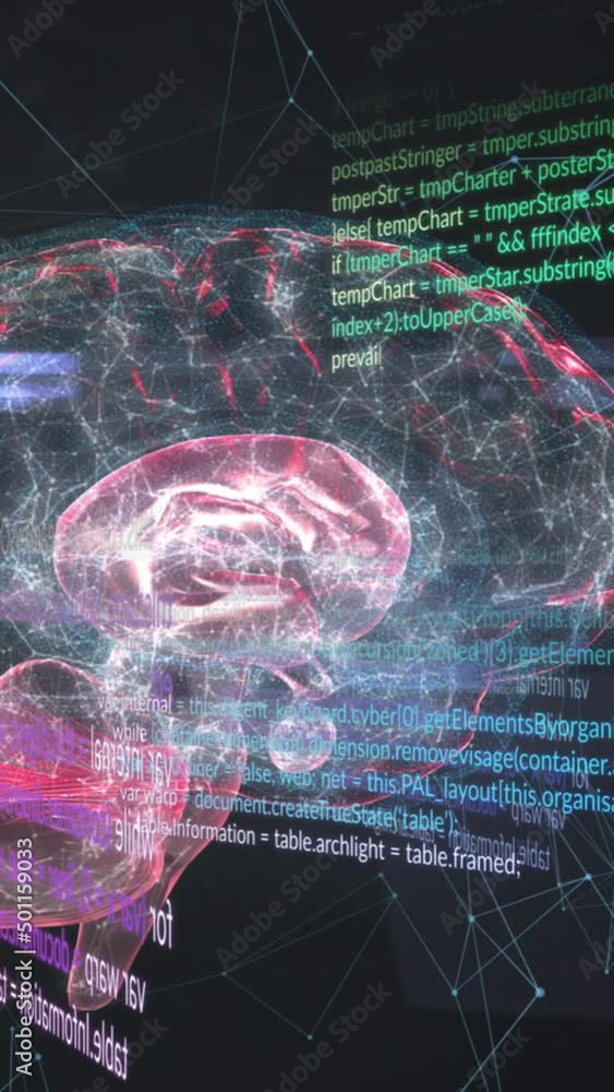 Poster animation of digital brain and data processing on black background