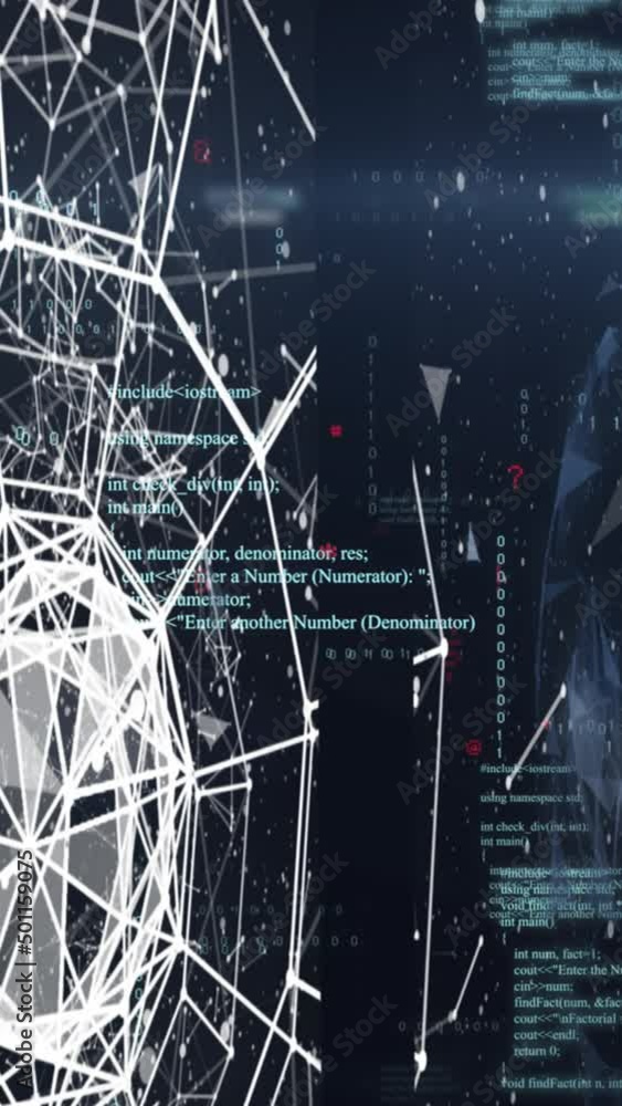 Poster animation of data processing and shapes on black background
