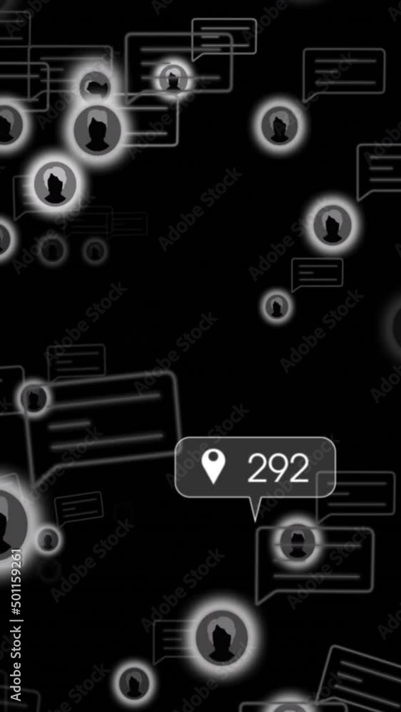Poster animation of user icons floating over black background with social media alerts