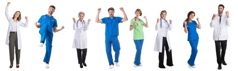 Set of happy doctor nurse on white