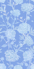 seamless pattern with delicate light airy blue lush peonies. Loved by all flowers of peonies in a new reading in heavenly gentle pastel tones. Beautiful elegant design for fabric