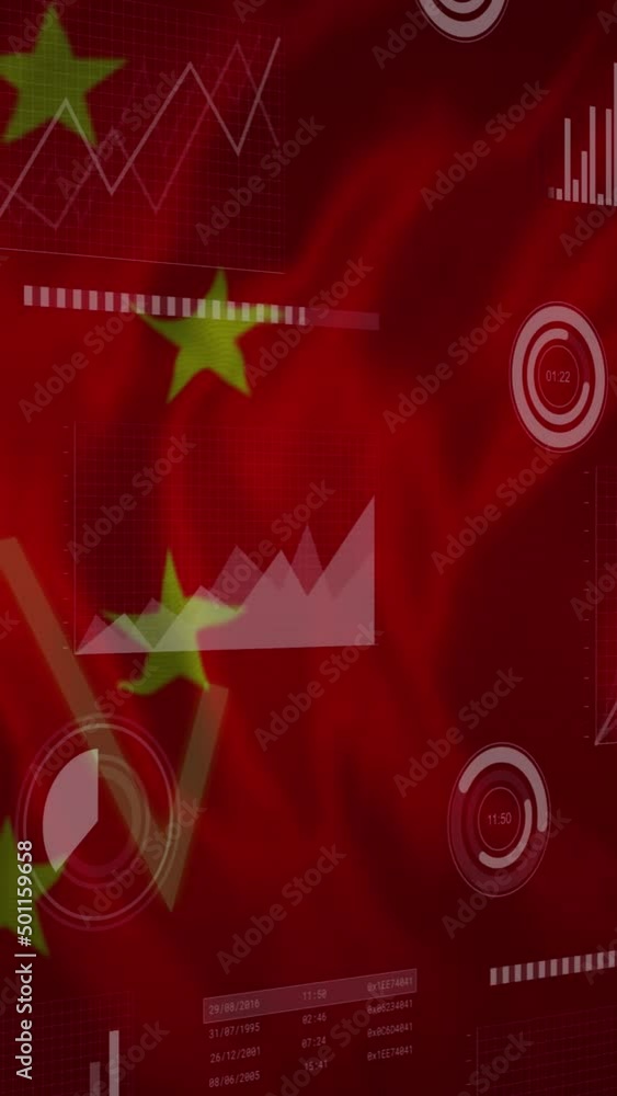Poster animation of financial data and graphs over flag of china