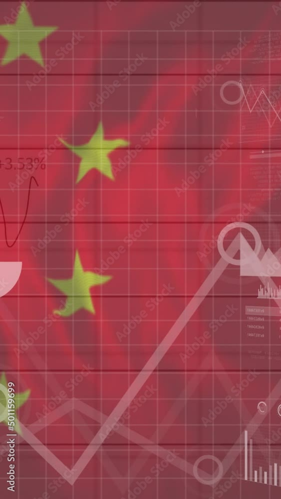 Poster animation of financial data and graphs over flag of china