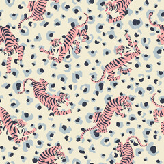 Vector tiger illustration with leopard background seamless repeat pattern fashion and home decor print digital artwork