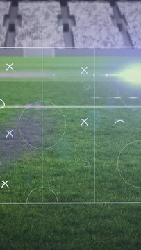 Animation of game plan and soccer ball at stadium