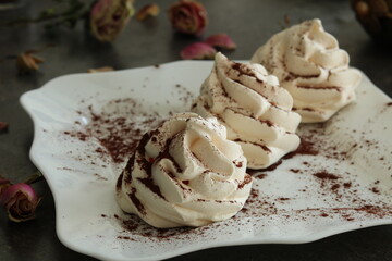French vanilla meringue cookies in a white plate sprinkled with cocoa. Still life food style . Selective focus 