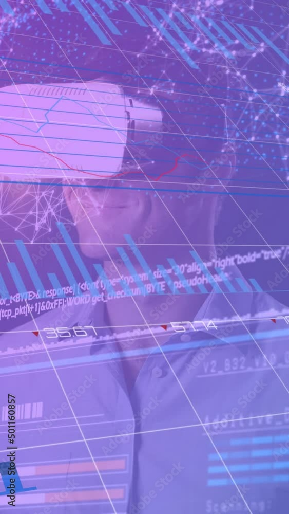 Poster animation of data processing over caucasian man with vr headset