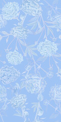 seamless pattern with delicate light airy blue lush peonies. Loved by all flowers of peonies in a new reading in heavenly gentle pastel tones. Beautiful elegant design for fabric