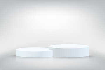 White cylinder podium. Minimal white scene with stage for product presentation vector illustration.