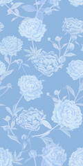 seamless pattern with delicate light airy blue lush peonies. Loved by all flowers of peonies in a new reading in heavenly gentle pastel tones. Beautiful elegant design for fabric
