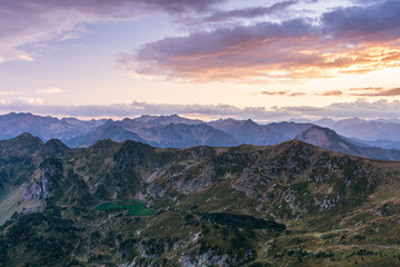 Fototapeta na wymiar Amazing sunset in the mountains (French Pyrenees Mountains, Lakes of Rabassoles)