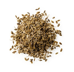 Heap of whole dill seeds isolated on a white background. Organic anethum graveolens fruits pile cutout. Natural spices, seasonings and condiments for cooking. Medicinal herb.