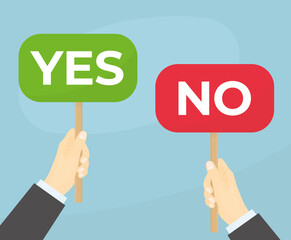 businessman hands holding yes and no banners, agree and disagree concept- vector illustration