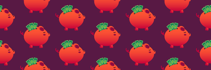 Wide horizontal vector seamless pattern background with piggy banks and cash for savings, economy, money design.
