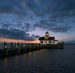 Blue hour sunset over Roanoke Marshes Lighthouse on the Roanoke Sound in North Carolina