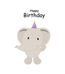Birthday Party, Greeting Card, Party Invitation. Kids illustration with Cute Elephant in cartoon style.	
